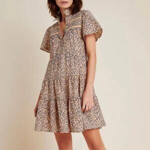 Anthropologie Georgina Leopard Print V-Neck Tiered Dress Size XS Casual Feminine